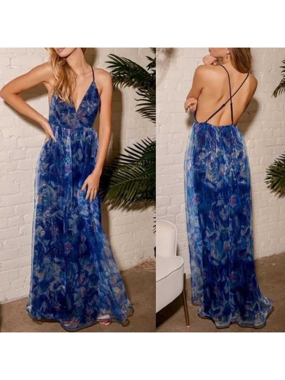 Lulus Blue Floral Maxi Dress with Spaghetti Straps